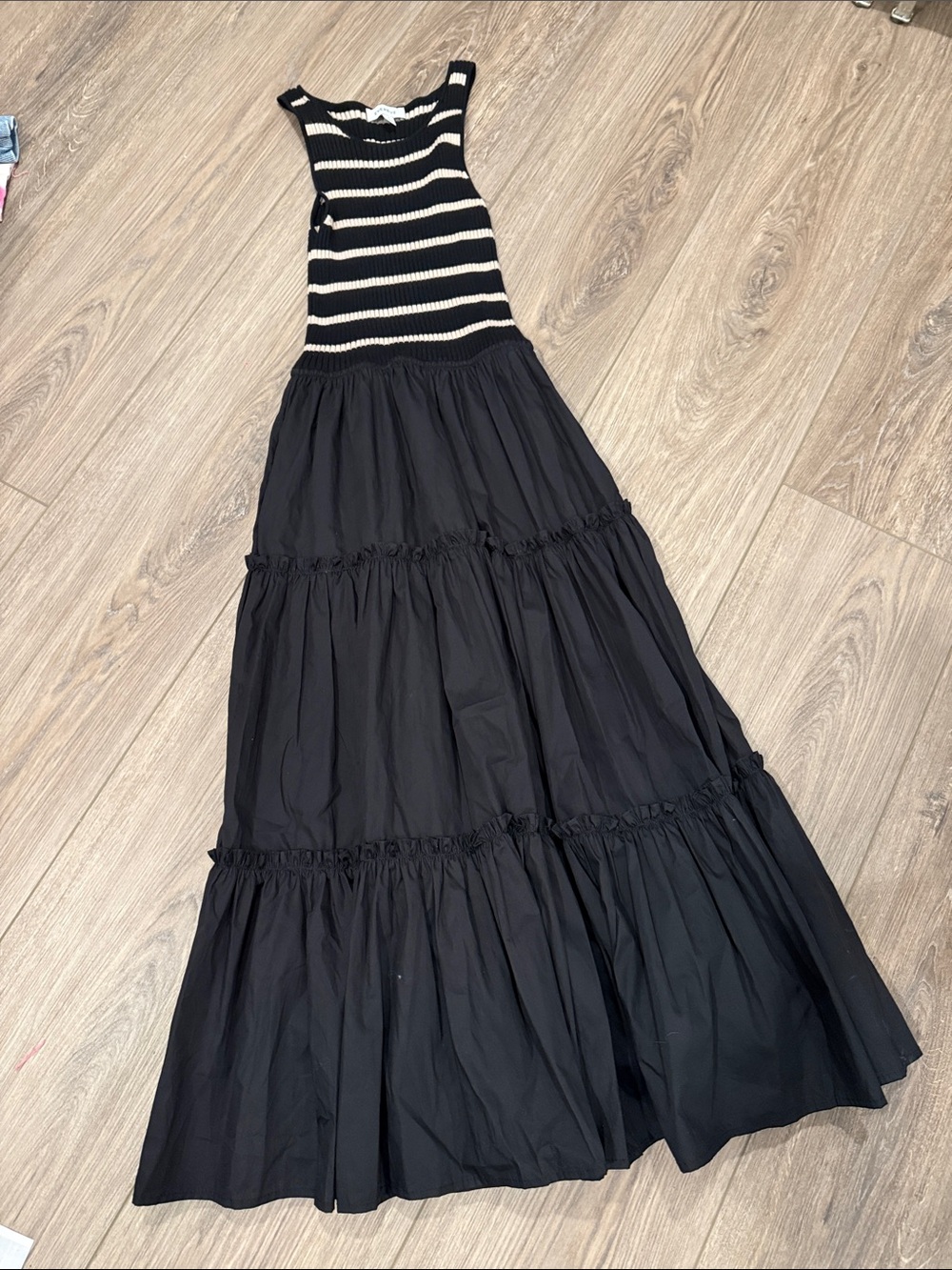 Evereve Black Maxi Dress with Black & White Striped Knit Bodice and side pockets